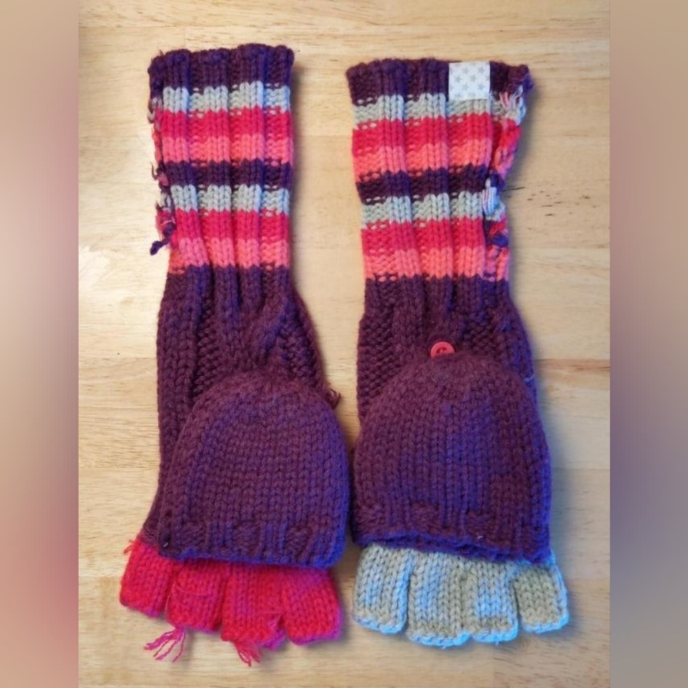 New, Girls Winter Colorful Knitted Convertible Multicolored Gloves - Mittens.